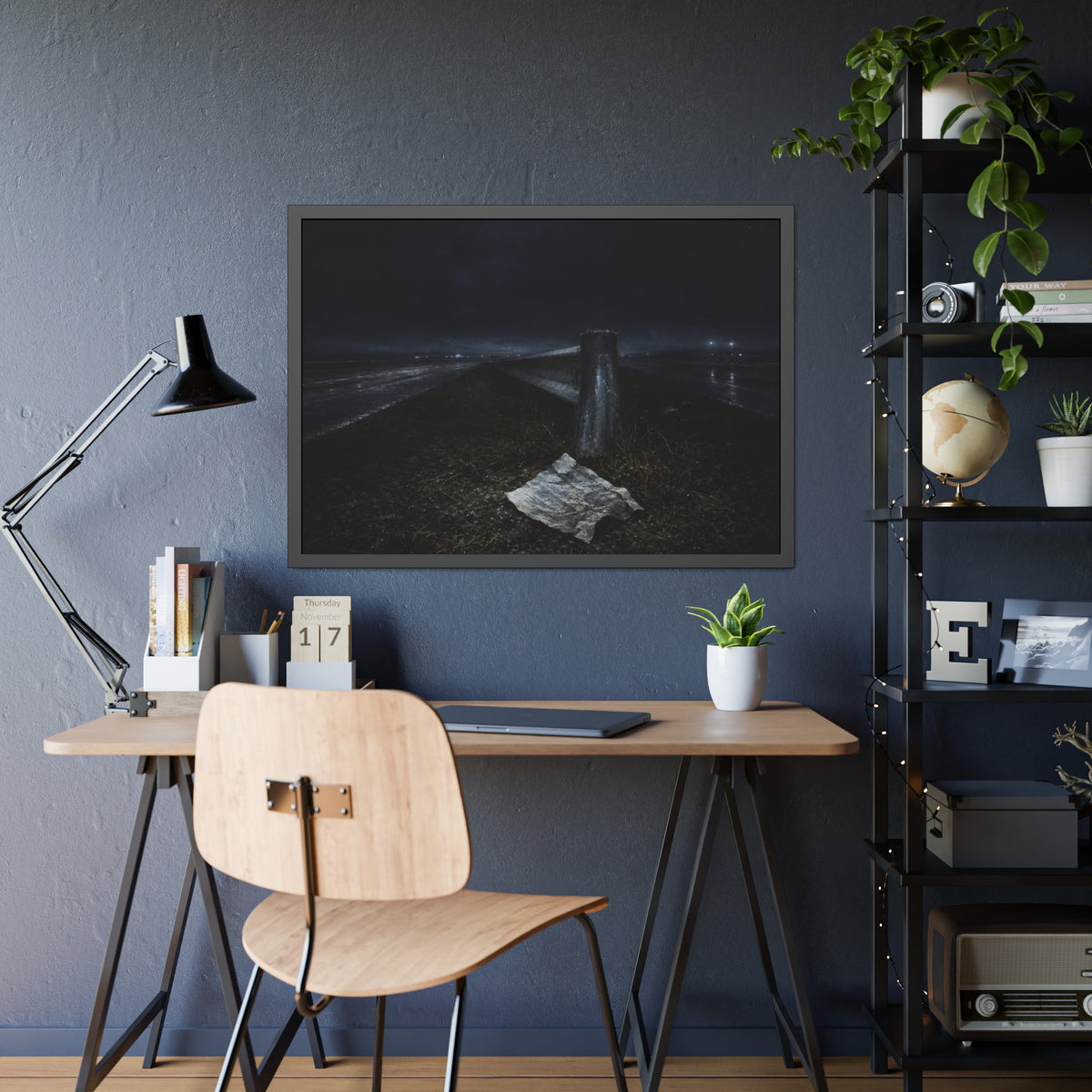 A sheet of paper on a grassy highway median beside a concrete post at night. The Resume on the Median by Garabaggio, framed fine art print hanging in a room.
