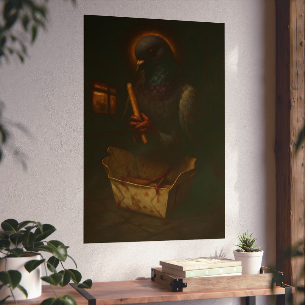 A haloed pigeon holding a french fry over a takeout carton in an alley. Madonna of the Pigeon with Fries by Garabaggio, fine art print hanging in a room.