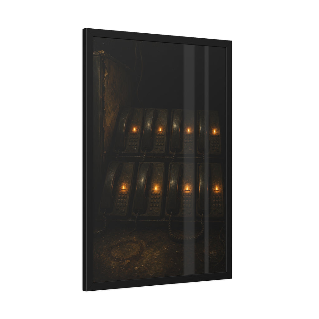Rows of wall phones, each keypad lit by a small amber flame. The Votive Lights of the Hold Queue by Garabaggio, framed fine art print hanging in a room.