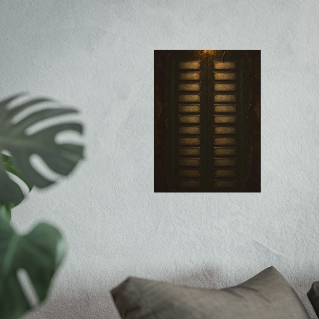 An intercom panel of blank name slots on a weathered building wall. The Names Behind Brass by Garabaggio, fine art print hanging in a room.