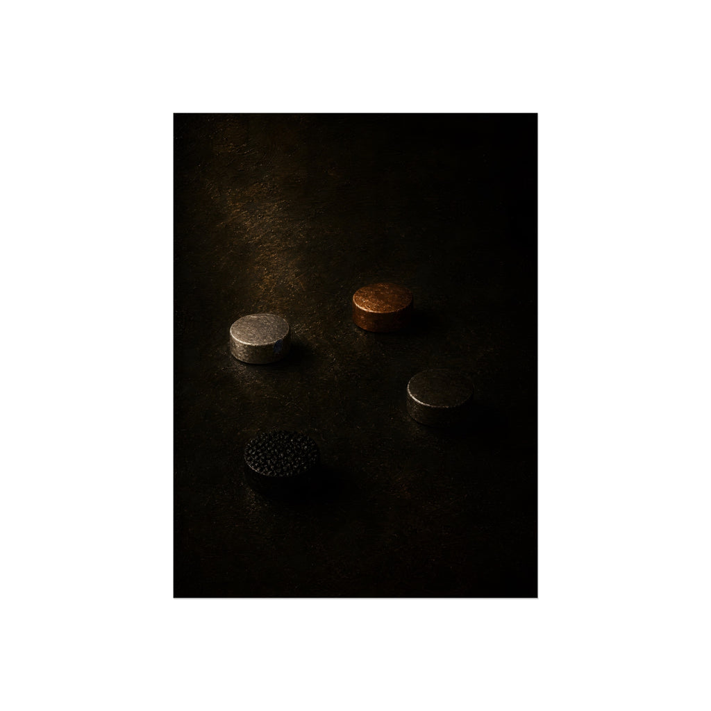 Four small metal discs on a dark scuffed surface in a narrow beam of light. Metals After the Song by Garabaggio, fine art print, 12″ x 16″.