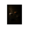 Four small metal discs on a dark scuffed surface in a narrow beam of light. Metals After the Song by Garabaggio, fine art print, 12″ x 16″.