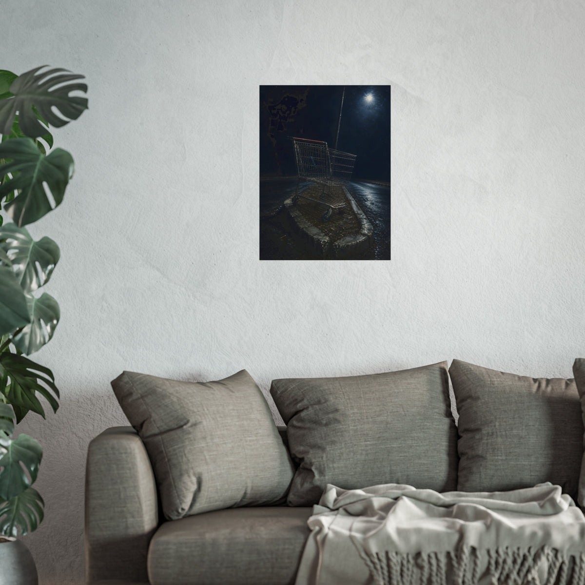 A shopping cart stranded on a stone median under a streetlight. The Crossing of the Median by Garabaggio, fine art print hanging in a room.