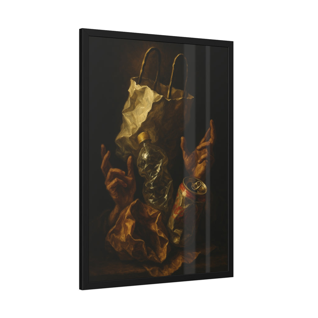 Two hands raised beside a paper bag, crushed bottle and dented can. The Assumption of the Discarded by Garabaggio, framed fine art print hanging in a room.