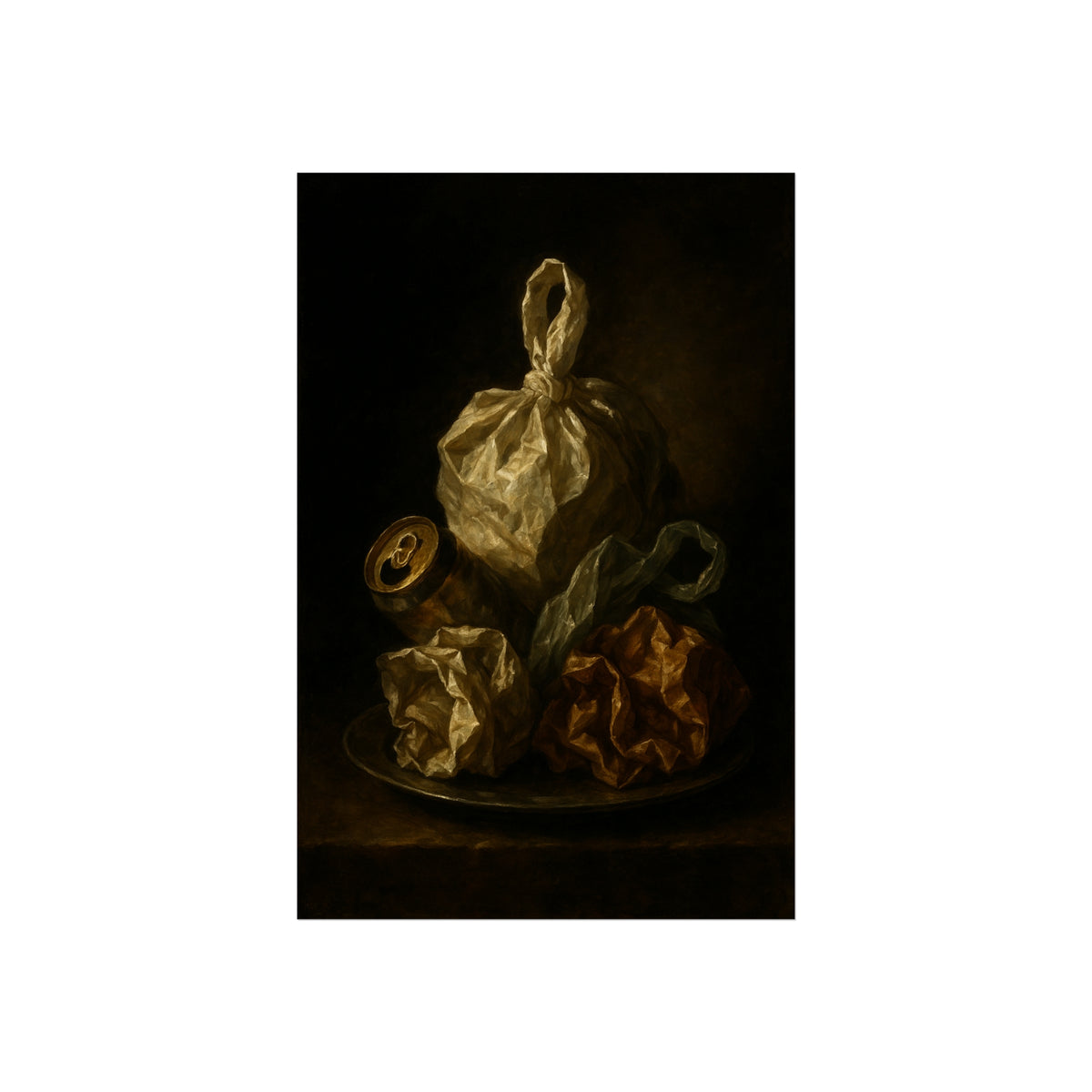 Knotted plastic bag on a plate with crumpled wrappers and a crushed can. Communion of the Knotted Bag by Garabaggio, fine art print hanging in a room.