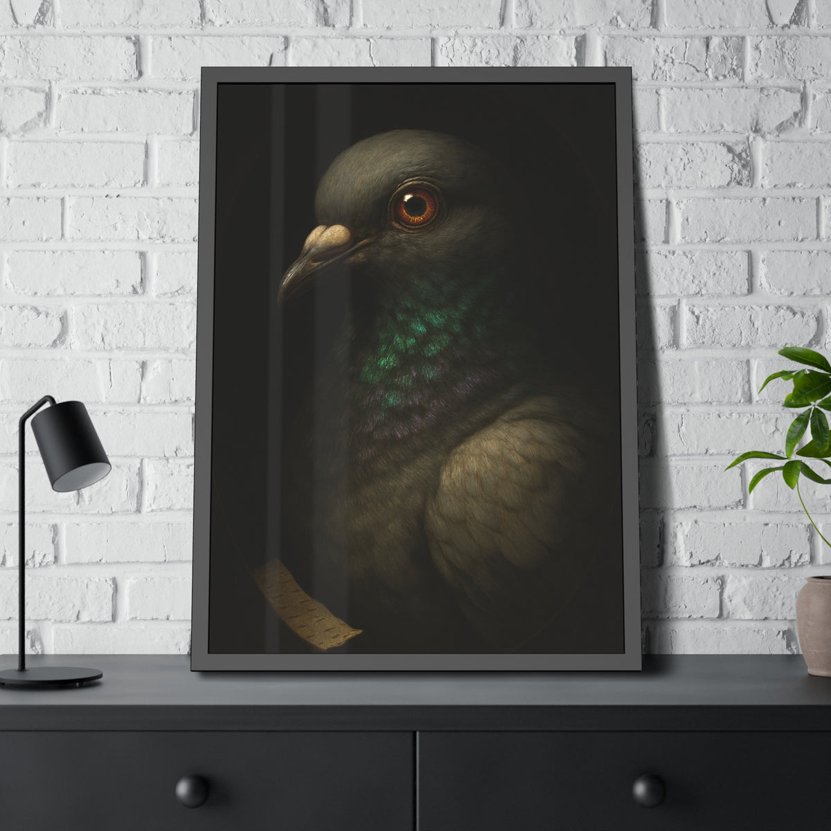 Close portrait of a pigeon with an iridescent green throat. Study of the Holy Messenger, No. 1 by Garabaggio, framed fine art print hanging in a room.