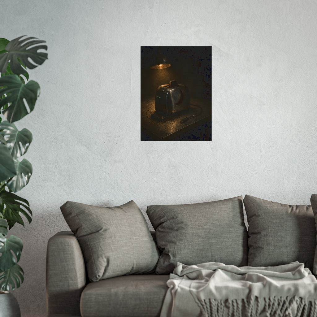 A scorched toaster under a work lamp, burnt toast standing in its slot. The Table of Examination by Garabaggio, fine art print hanging in a room.