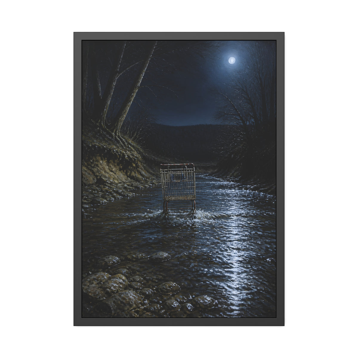 A shopping cart standing in a moonlit creek between dark trees. The Fording of the Creek by Garabaggio, framed fine art print, 28″ x 40″.