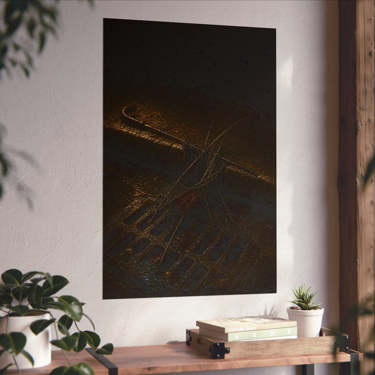 A broken umbrella collapsed across a storm drain grate at the curb. The Burial at the Storm Drain by Garabaggio, fine art print hanging in a room.