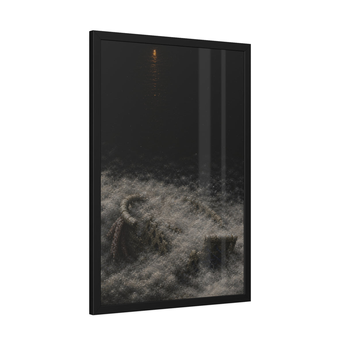 A broken laundry basket half buried in a snowbank under a distant light. Lattice in the Snowbank by Garabaggio, framed fine art print hanging in a room.