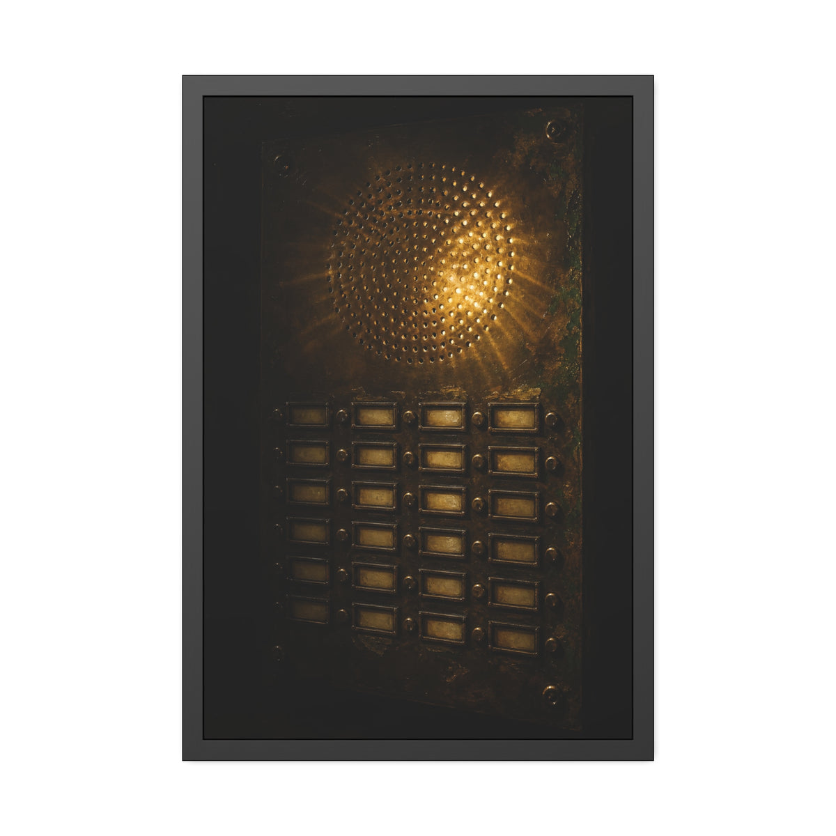 Light glowing through an intercom speaker grille above rows of buttons. Voice Through Perforations by Garabaggio, framed fine art print, 24″ x 36″.