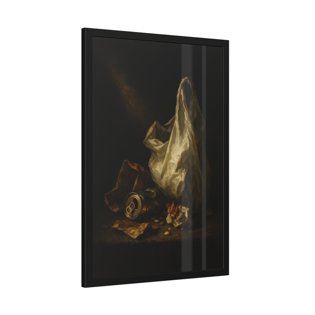 A white plastic bag standing upright in a shaft of light. The Annunciation of the Plastic Bag by Garabaggio, framed fine art print hanging in a room.