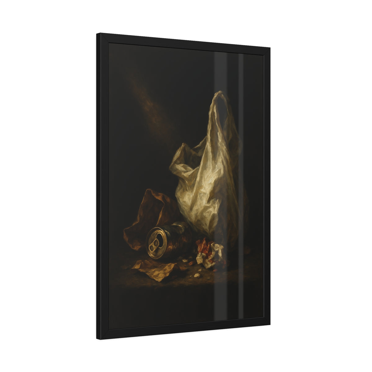 A white plastic bag standing upright in a shaft of light. The Annunciation of the Plastic Bag by Garabaggio, framed fine art print hanging in a room.