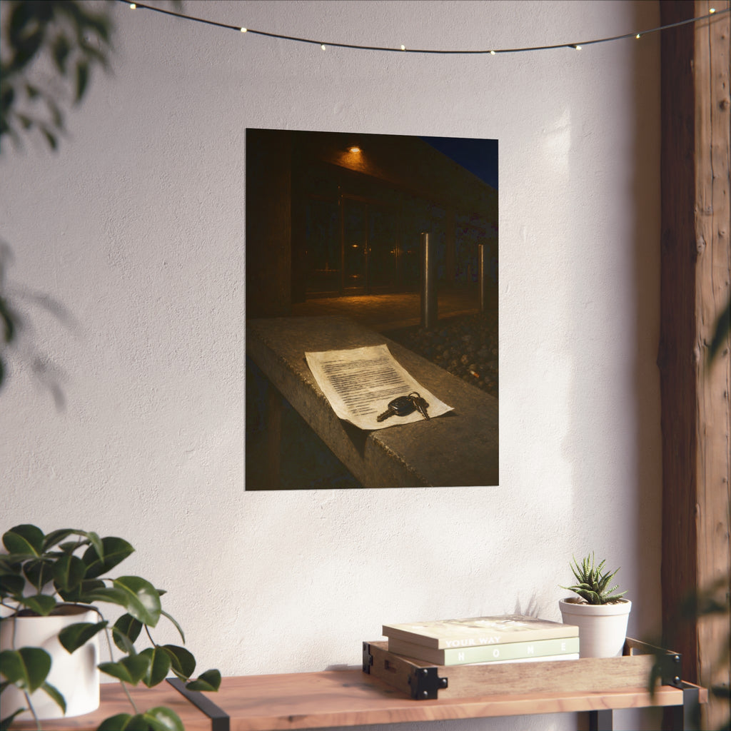 A printed page and car keys on a concrete ledge outside an office at night. The Last Email, Printed by Garabaggio, fine art print hanging in a room.