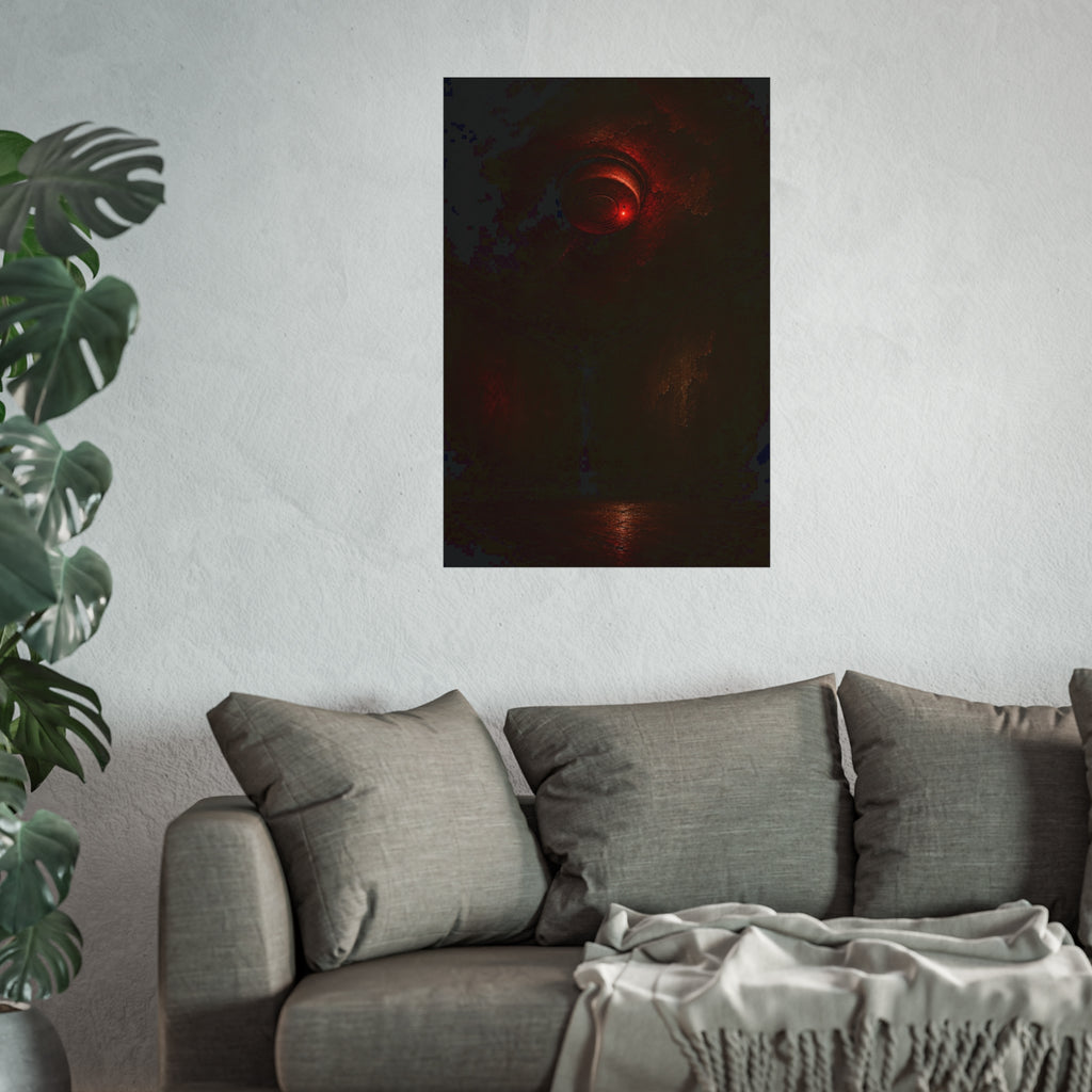 A ceiling smoke detector glowing red in an empty peeling room. The Alarm in an Empty Room by Garabaggio, fine art print hanging in a room.