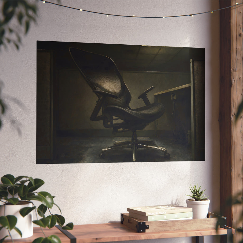 An office chair tilted back in an empty cubicle under one ceiling light. The Ergonomic Chair, Unlocked by Garabaggio, fine art print hanging in a room.