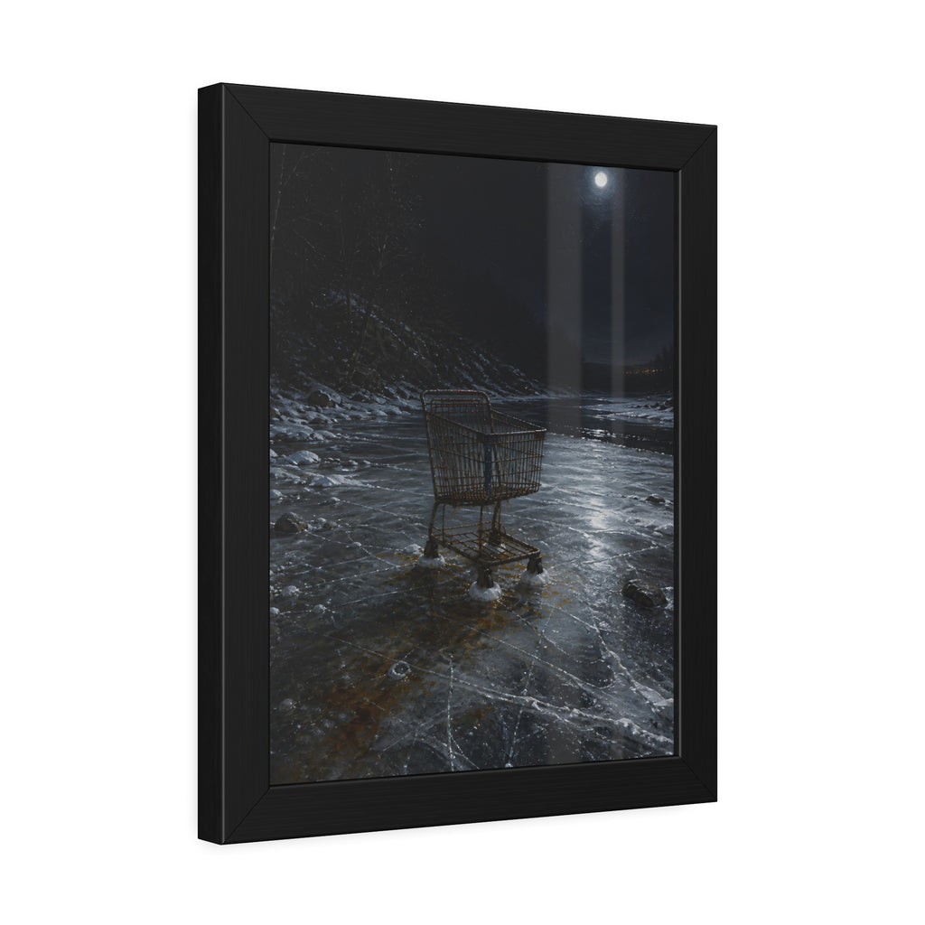 A rusted shopping cart frozen into moonlit river ice. The Wintering in the Ice by Garabaggio, framed fine art print hanging in a room.