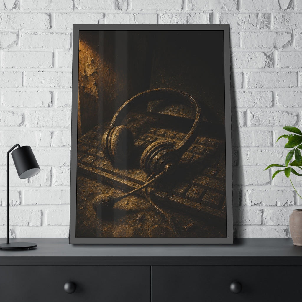 Dust covered headset resting on an old keyboard in brown light. Cubicles Under Dust by Garabaggio, framed fine art print hanging in a room.