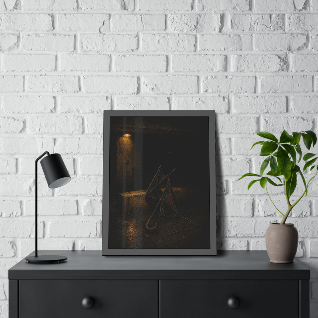 A broken umbrella collapsed on wet ground below a loading dock lamp. The Vigil Beneath the Loading Dock by Garabaggio, framed fine art print hanging in a room.
