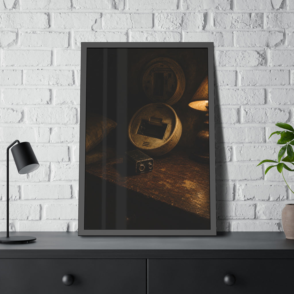 An open smoke detector on a wooden table beside a removed nine volt battery. The Silence After Removal by Garabaggio, framed fine art print hanging in a room.