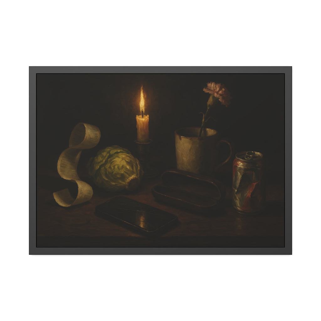 A candle, lettuce head, curled receipt and can on a dim table. Vanitas with Receipts and Wilted Lettuce by Garabaggio, framed fine art print hanging in a room.