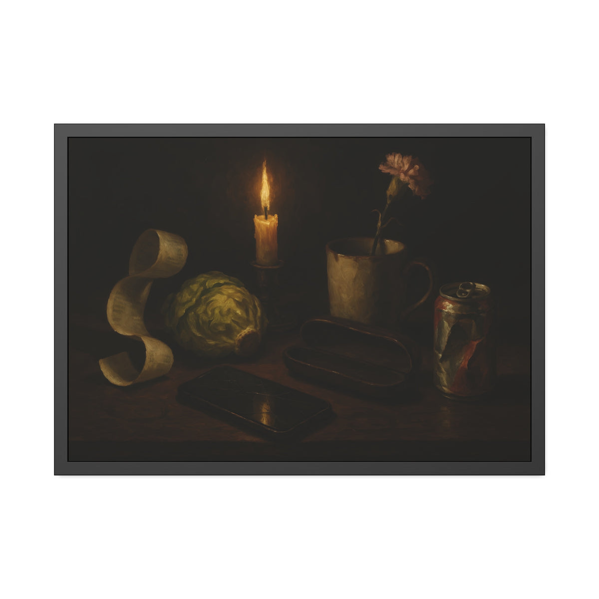 A candle, lettuce head, curled receipt and can on a dim table. Vanitas with Receipts and Wilted Lettuce by Garabaggio, framed fine art print hanging in a room.