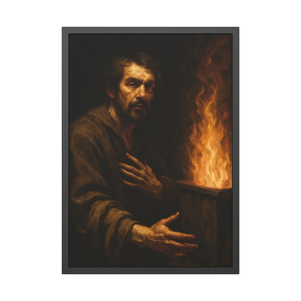 Bearded man with a hand on his chest beside flames rising from a bin. Self-Portrait as a Penitent by Garabaggio, framed fine art print hanging in a room.