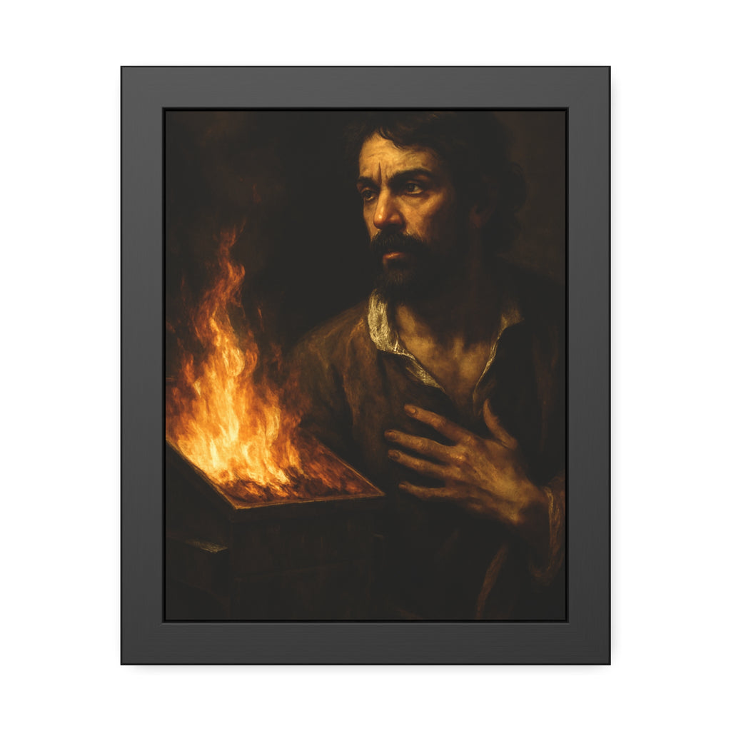 Man with a hand flat on his chest looking toward a low burning bin. Self-Portrait with Oath by Garabaggio, framed fine art print, 11″ x 14″.
