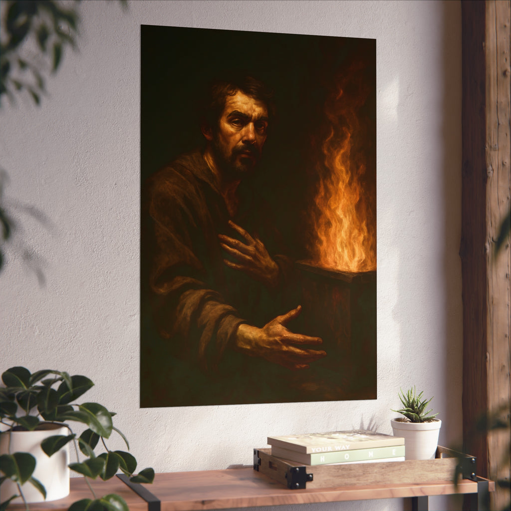 Bearded man with a hand on his chest beside flames rising from a bin. Self-Portrait as a Penitent by Garabaggio, fine art print hanging in a room.