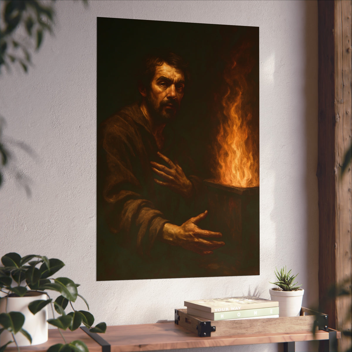 Bearded man with a hand on his chest beside flames rising from a bin. Self-Portrait as a Penitent by Garabaggio, fine art print hanging in a room.