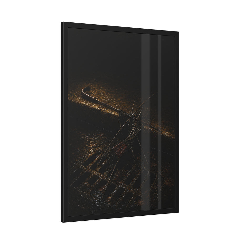 A broken umbrella collapsed across a storm drain grate at the curb. The Burial at the Storm Drain by Garabaggio, framed fine art print hanging in a room.