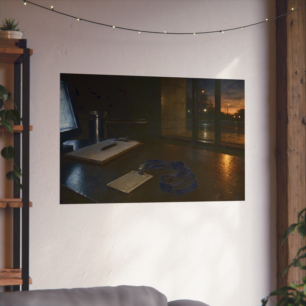 An ID badge and lanyard left on a security desk beside a lit monitor. The Badge on the Security Desk by Garabaggio, fine art print hanging in a room.