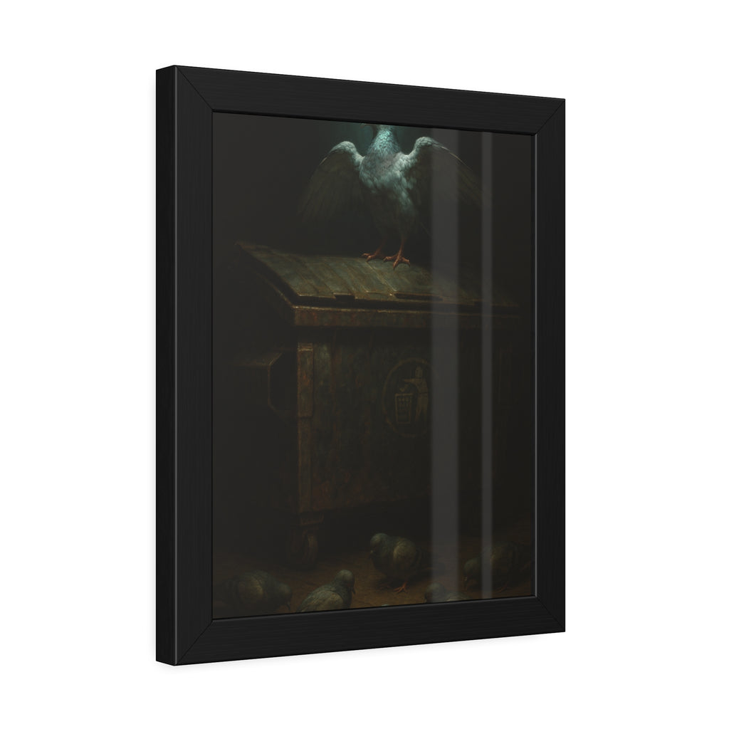 A pigeon with wings spread on a rusted dumpster lid. The Beatification of the Common Pigeon by Garabaggio, framed fine art print hanging in a room.