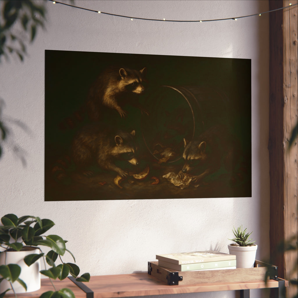 Raccoons at a tipped metal pail, one gnawing a melon rind in the dark. The Supper at the Alleyway by Garabaggio, fine art print hanging in a room.