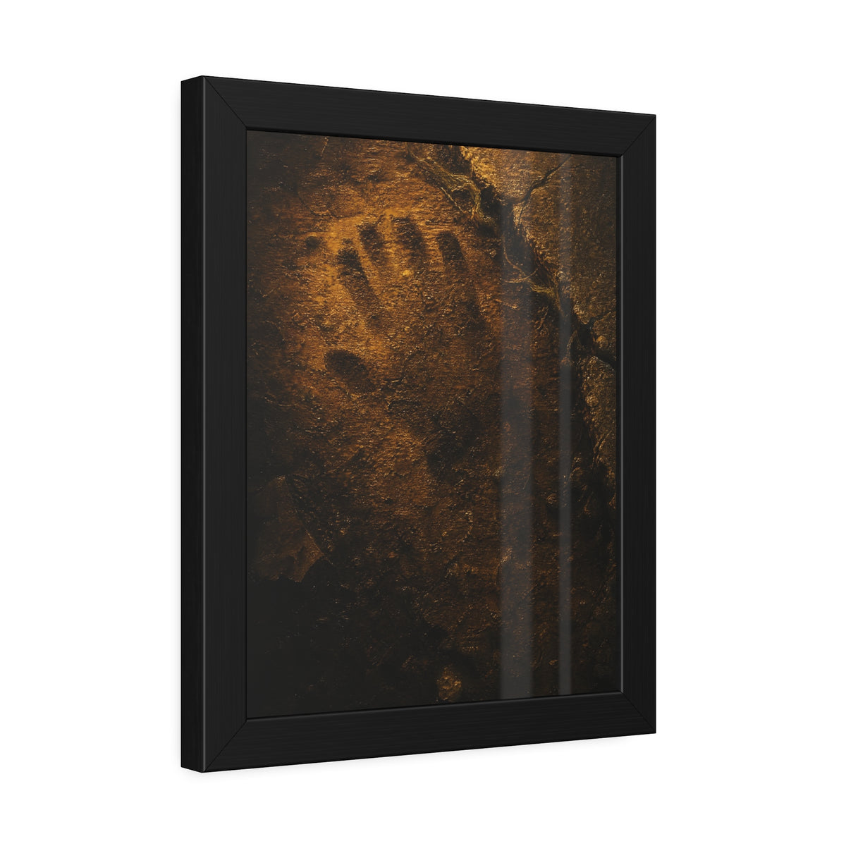 A glove shaped imprint left in cracked asphalt under warm light. The Assumption, or: What Remains by Garabaggio, framed fine art print hanging in a room.