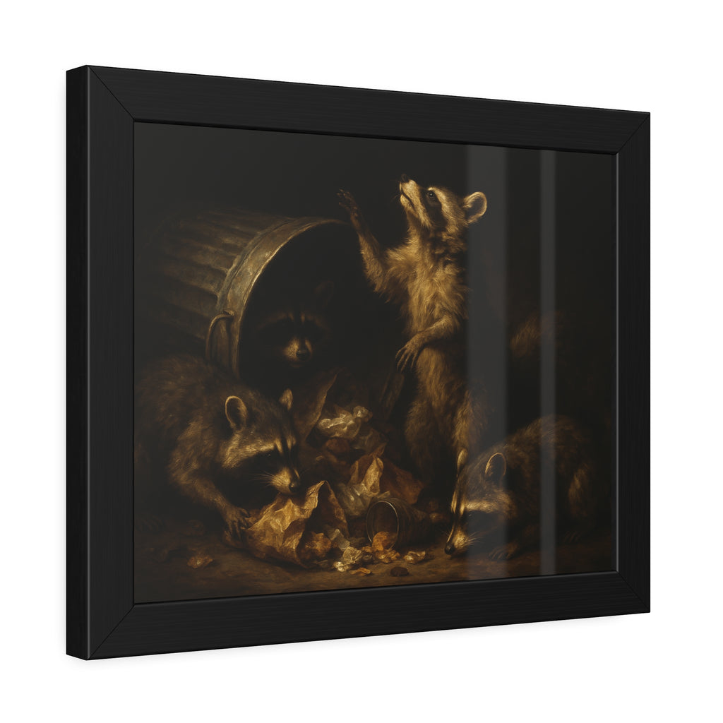 Raccoons around a fallen trash can, one rearing up with a raised paw. The Supper of Shadows by Garabaggio, framed fine art print hanging in a room.