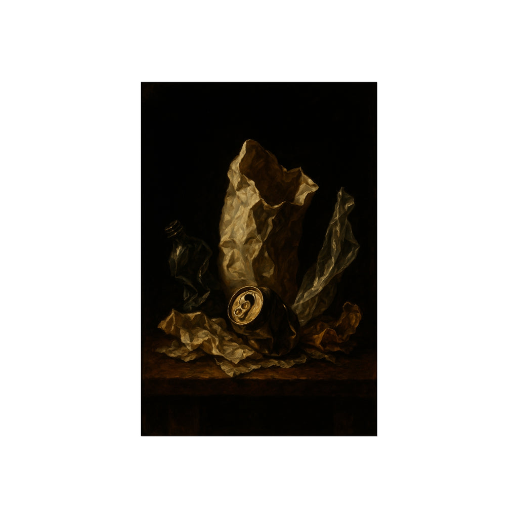 A crushed paper bag, dented can and flattened bottle on a dark table. Vanitas with Crumpled Bag by Garabaggio, fine art print hanging in a room.