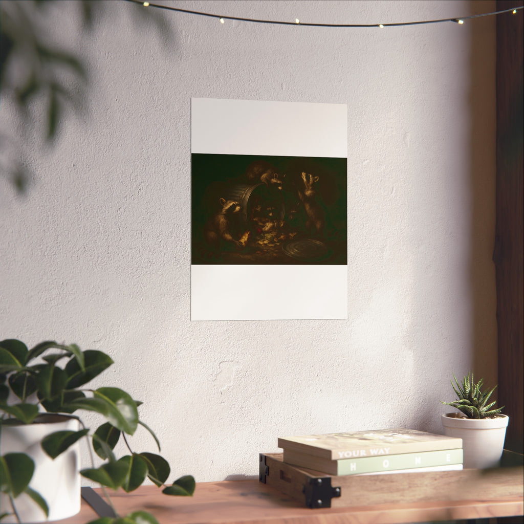 Raccoons around a tipped metal trash can, scattering food scraps. The Vigil of the Midnight Feast by Garabaggio, fine art print hanging in a room.