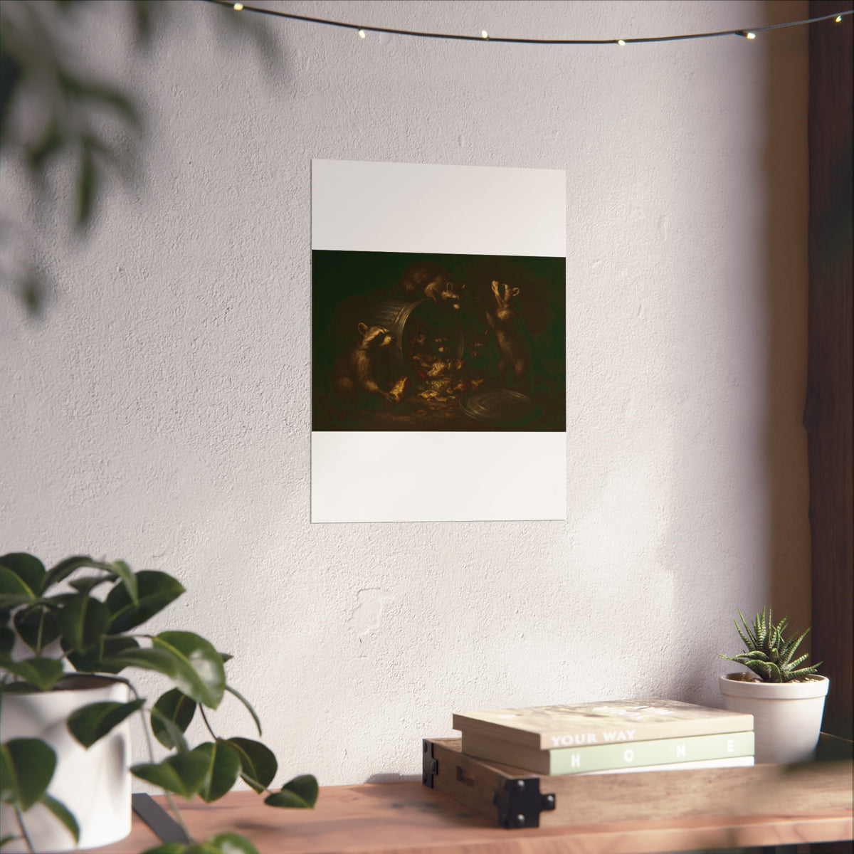 Raccoons around a tipped metal trash can, scattering food scraps. The Vigil of the Midnight Feast by Garabaggio, fine art print hanging in a room.