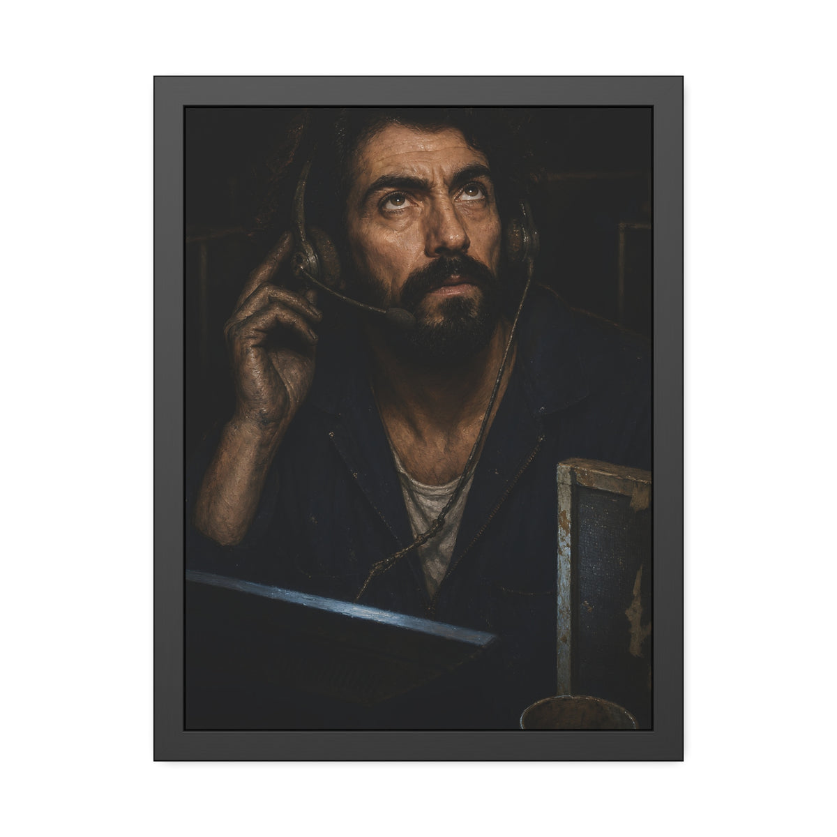 A man in a phone headset looks upward over the glow of a monitor. Garabaggio on Hold by Garabaggio, framed fine art print, 18″ x 24″.