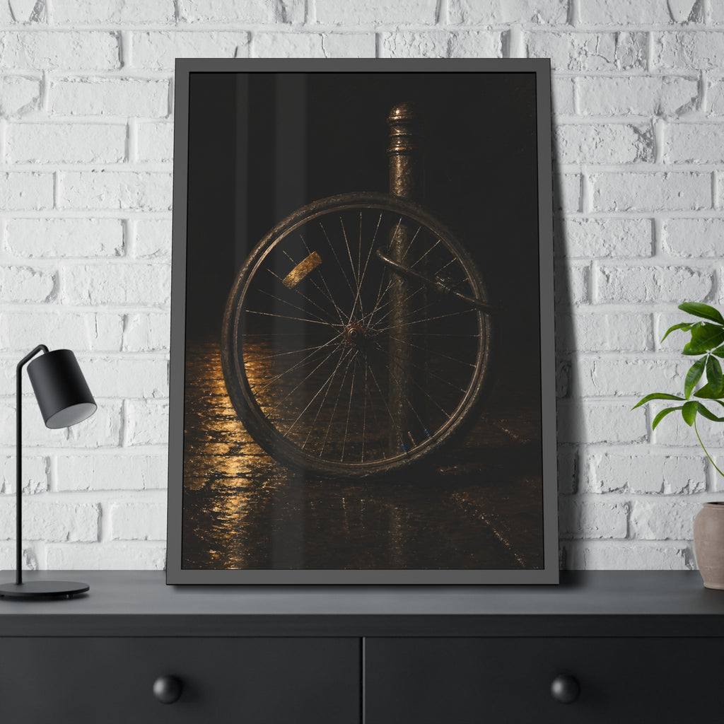 A bare bicycle wheel locked to a post on wet pavement. The Wheel Without a Bicycle by Garabaggio, framed fine art print hanging in a room.