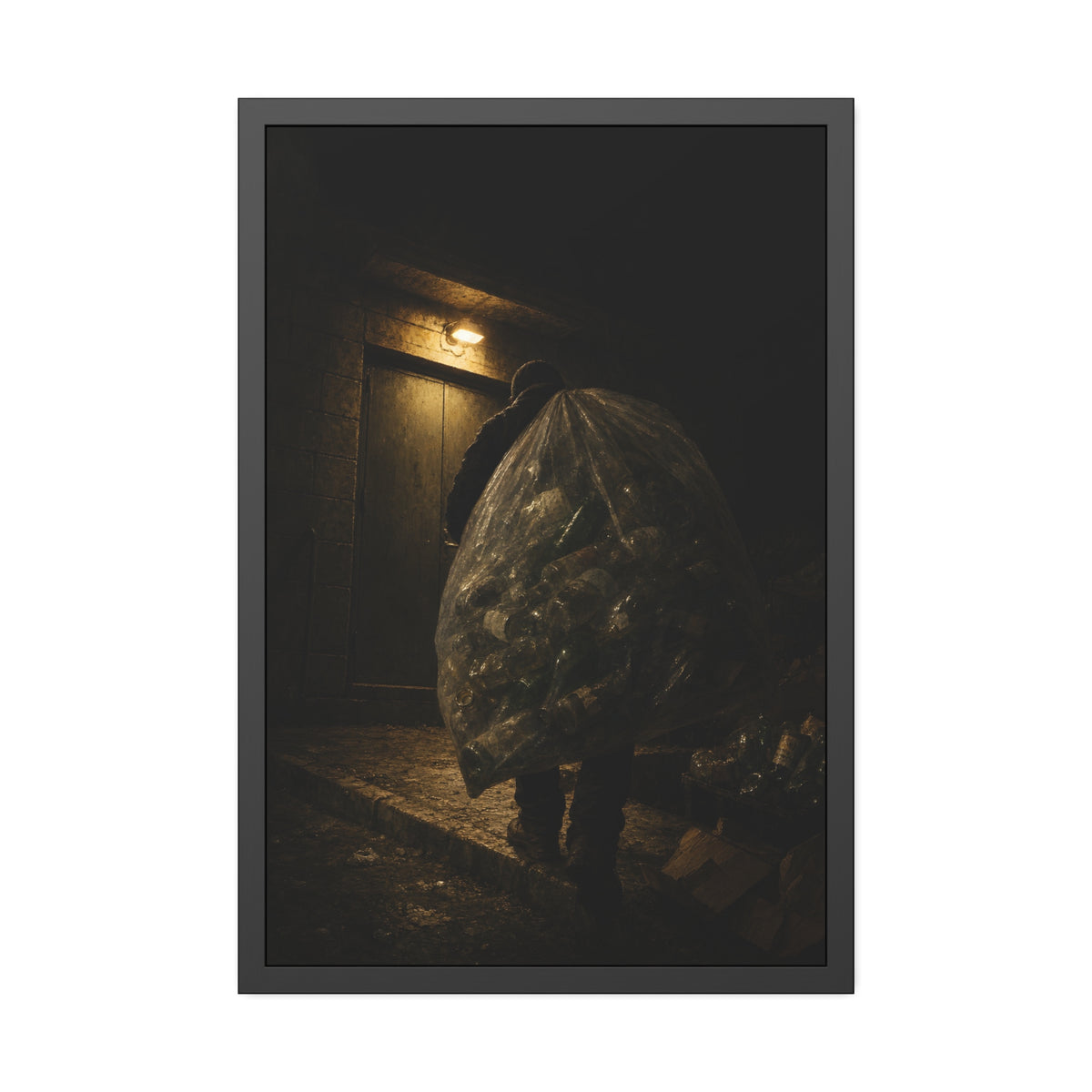 A man carrying a huge bag of bottles past a lit doorway at night. The Bag Carried Before Dawn by Garabaggio, framed fine art print, 24″ x 36″.