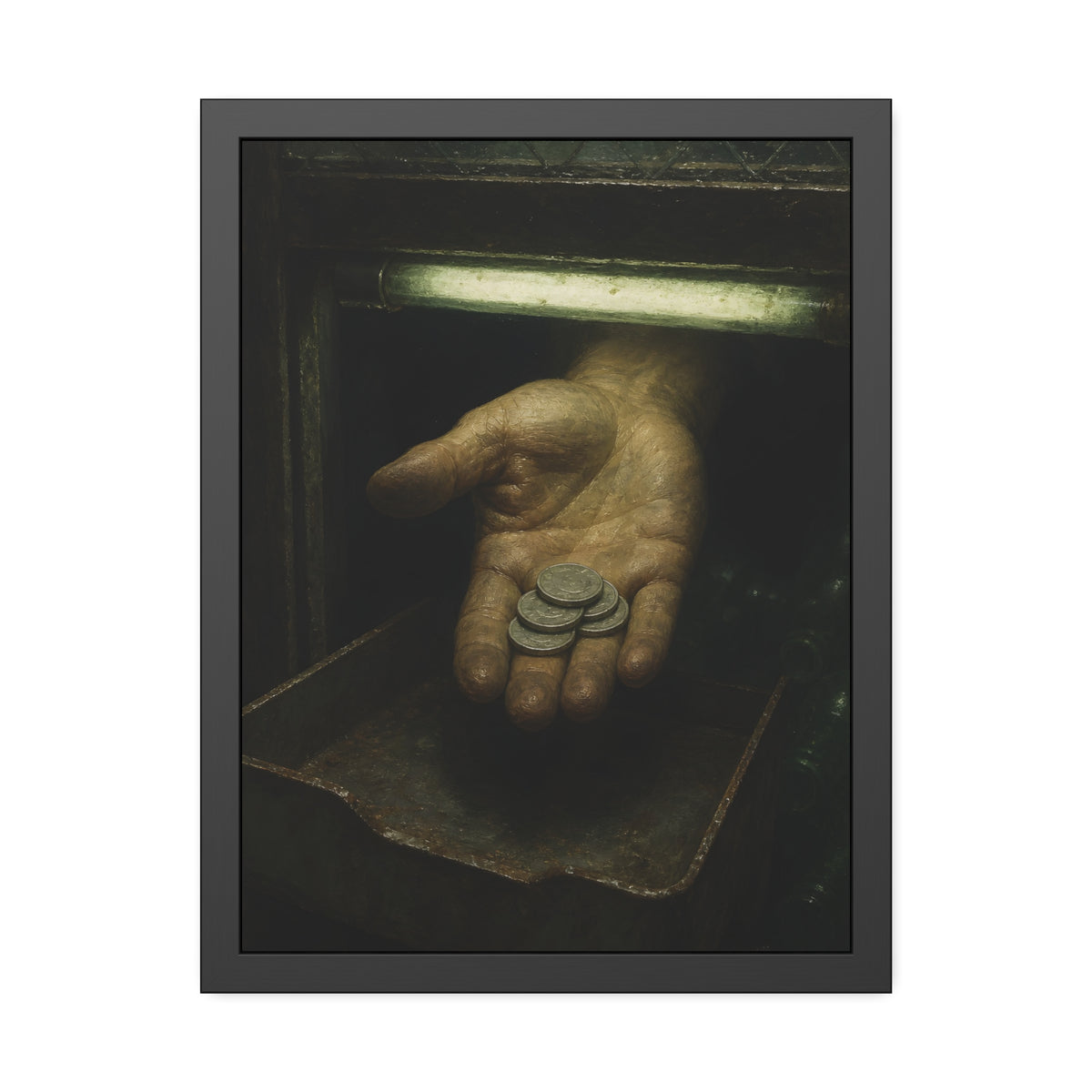 An open palm holding coins over a metal tray under a fluorescent tube. The Nickel Rendered by Garabaggio, framed fine art print, 18″ x 24″.