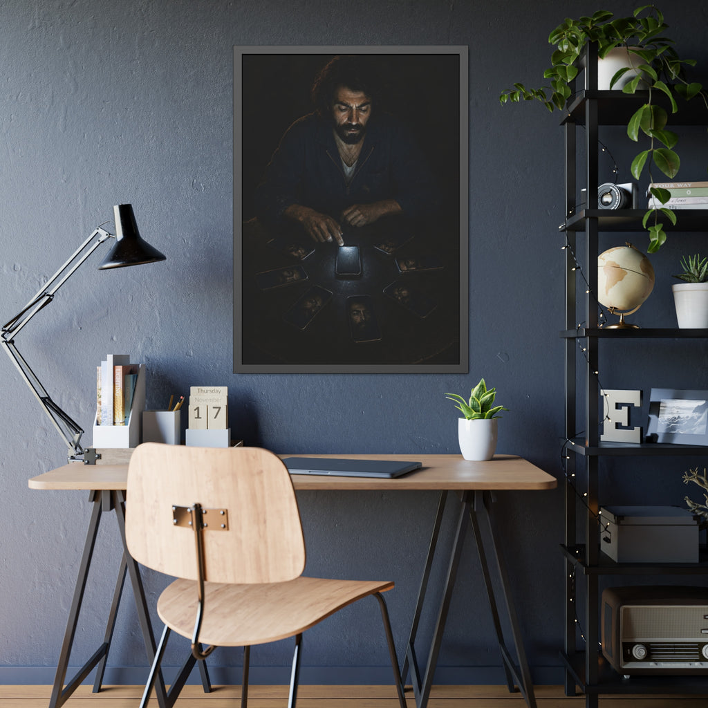 A bearded man at a dark table ringed by phones, one lit screen under his hand. The Congregation of Faces by Garabaggio, framed fine art print hanging in a room.