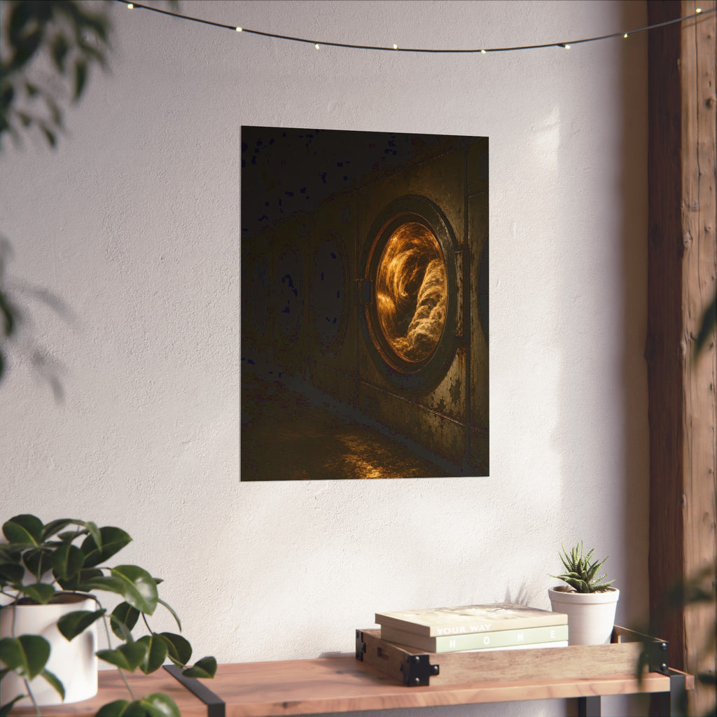 A row of dryers with one drum lit and tumbling in a dark laundromat. The Last Dryer Turning by Garabaggio, fine art print hanging in a room.