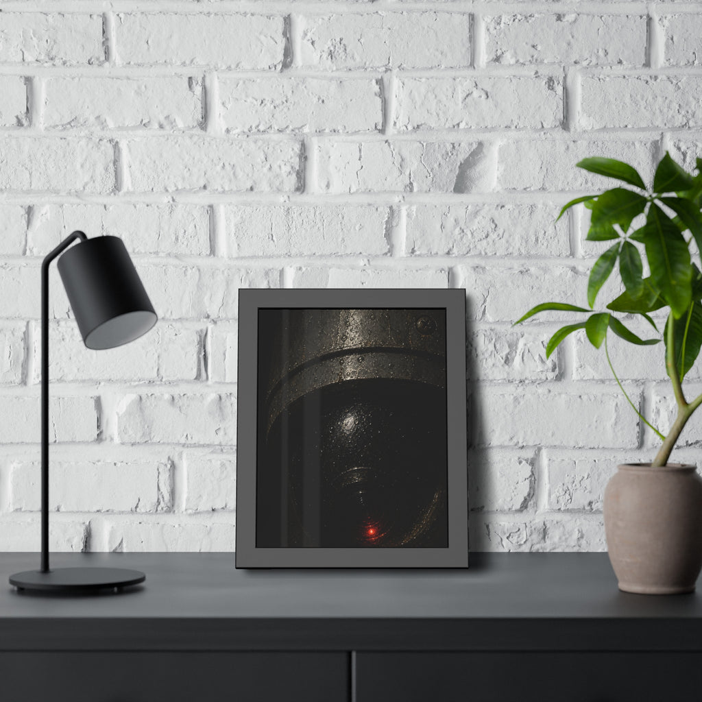 A rain beaded dome security camera glowing with a small red light. The First Red Witness by Garabaggio, framed fine art print hanging in a room.