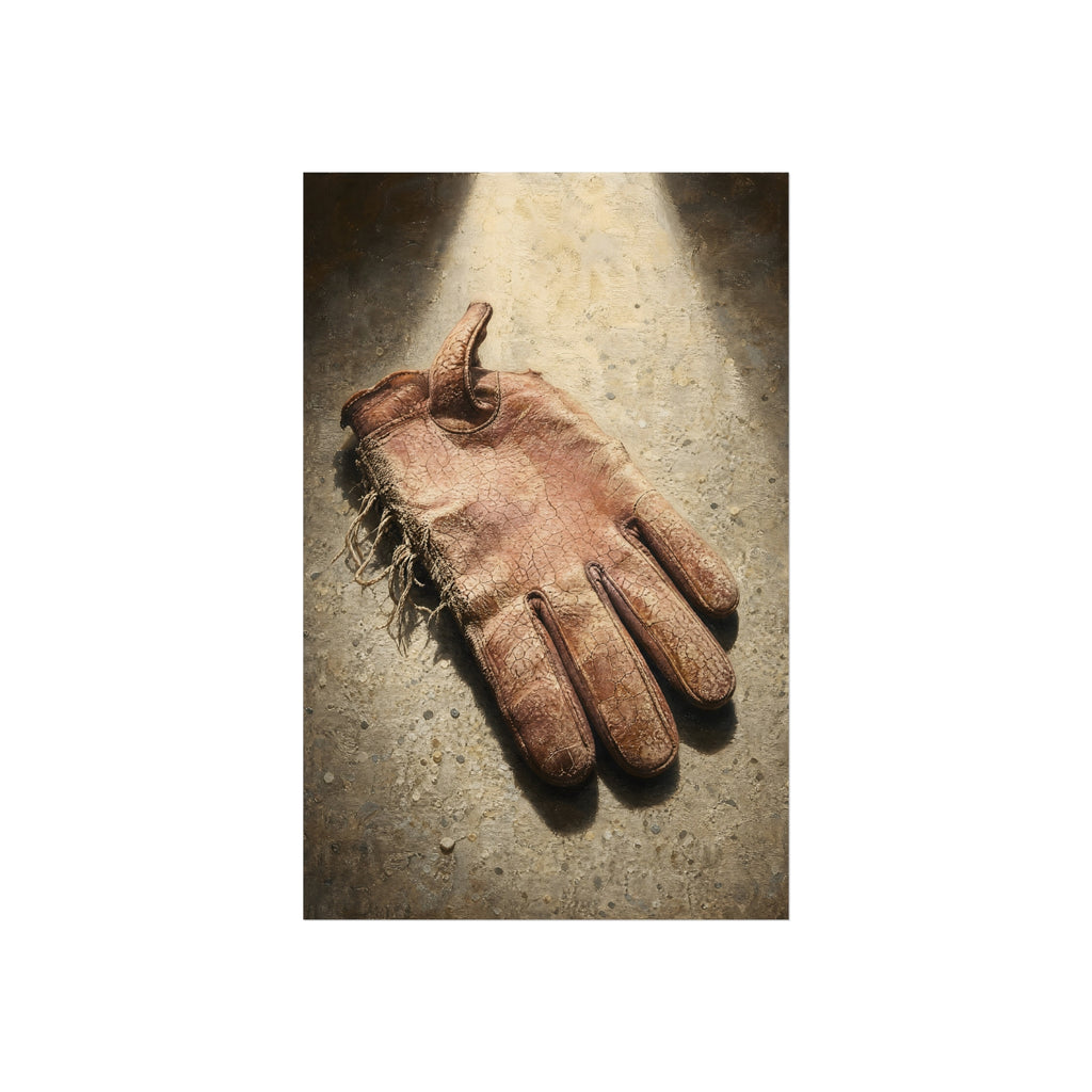 A cracked leather work glove lying on bright sunlit concrete. The Bleaching, Study of a Sun-Tired Glove by Garabaggio, fine art print hanging in a room.