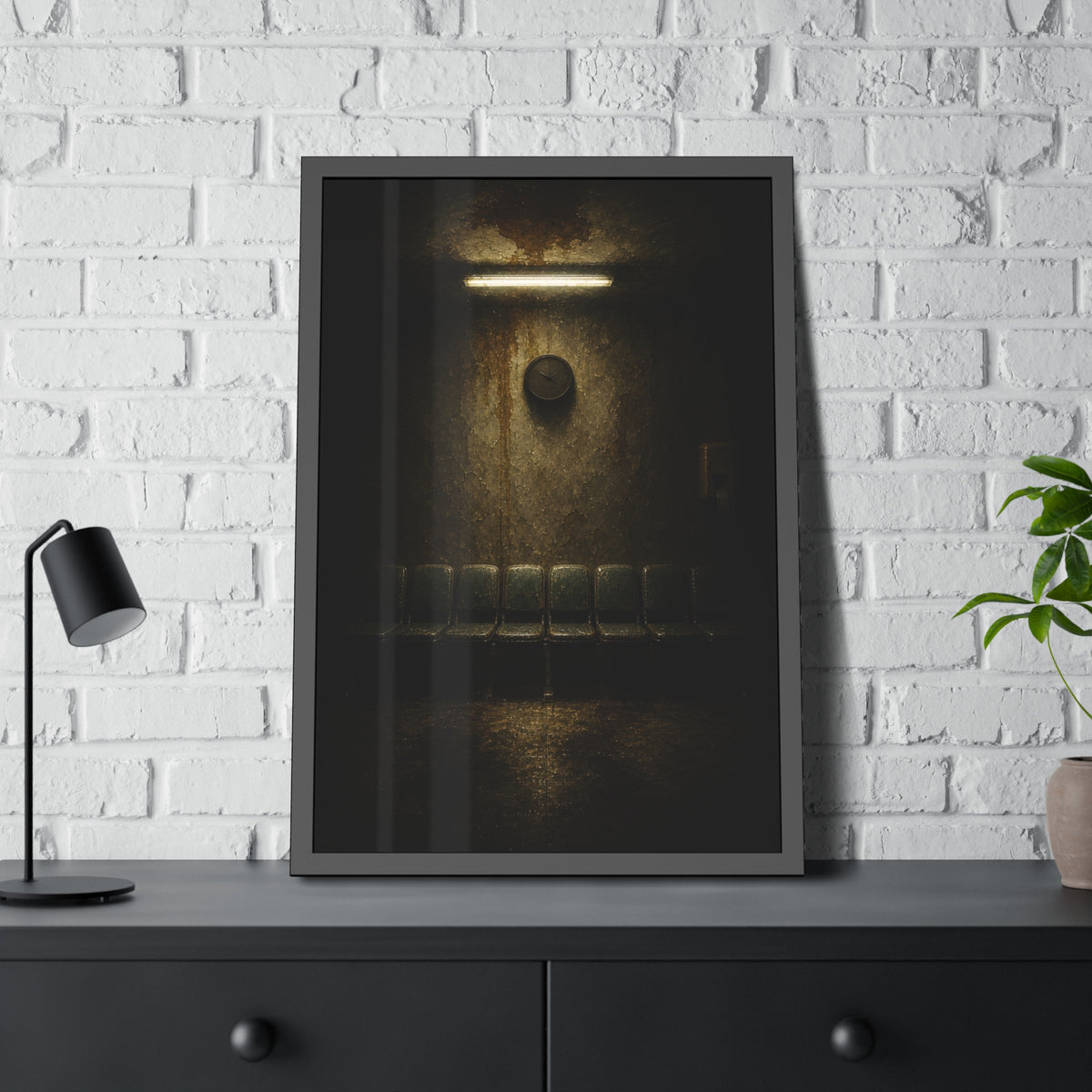 Empty waiting room seats below a stained wall clock and a strip light. Afternoon Without Movement by Garabaggio, framed fine art print hanging in a room.