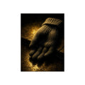 A knitted wool glove palm down on wet stone in gold light. The Presentation of the Woolen Glove by Garabaggio, fine art print, 12″ x 16″.