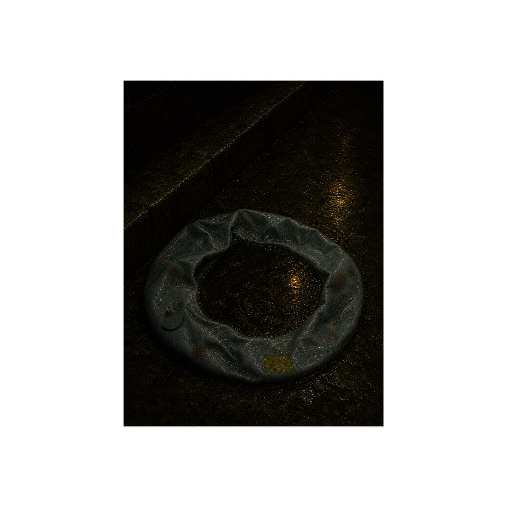 A deflated ring float holding rainwater on wet pavement at night. The Basin of Rain (Pool Float) by Garabaggio, fine art print, 12″ x 16″.